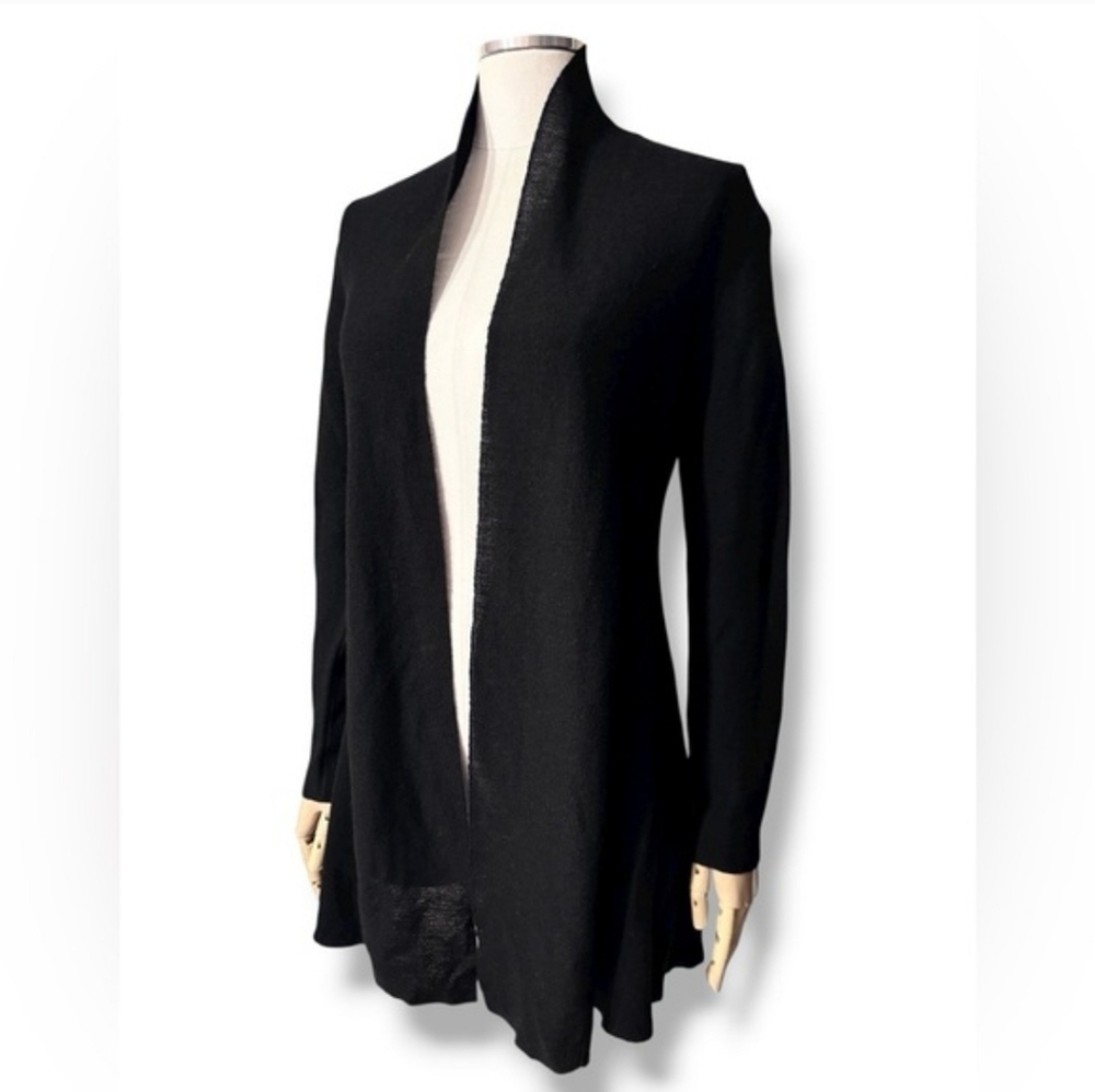 EILEEN FISHER Black Wool Open Front Cardigan Peplum Silhouette Size XS